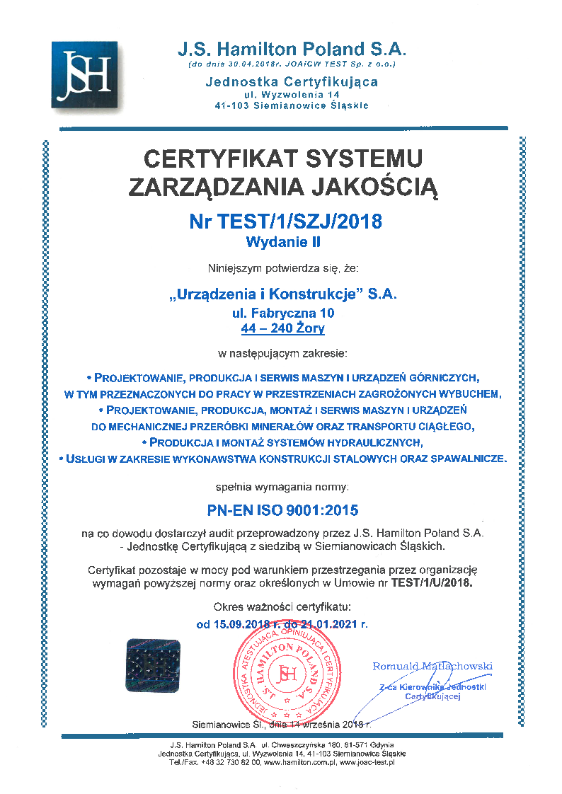 certyfikat JS Hamilton Poland